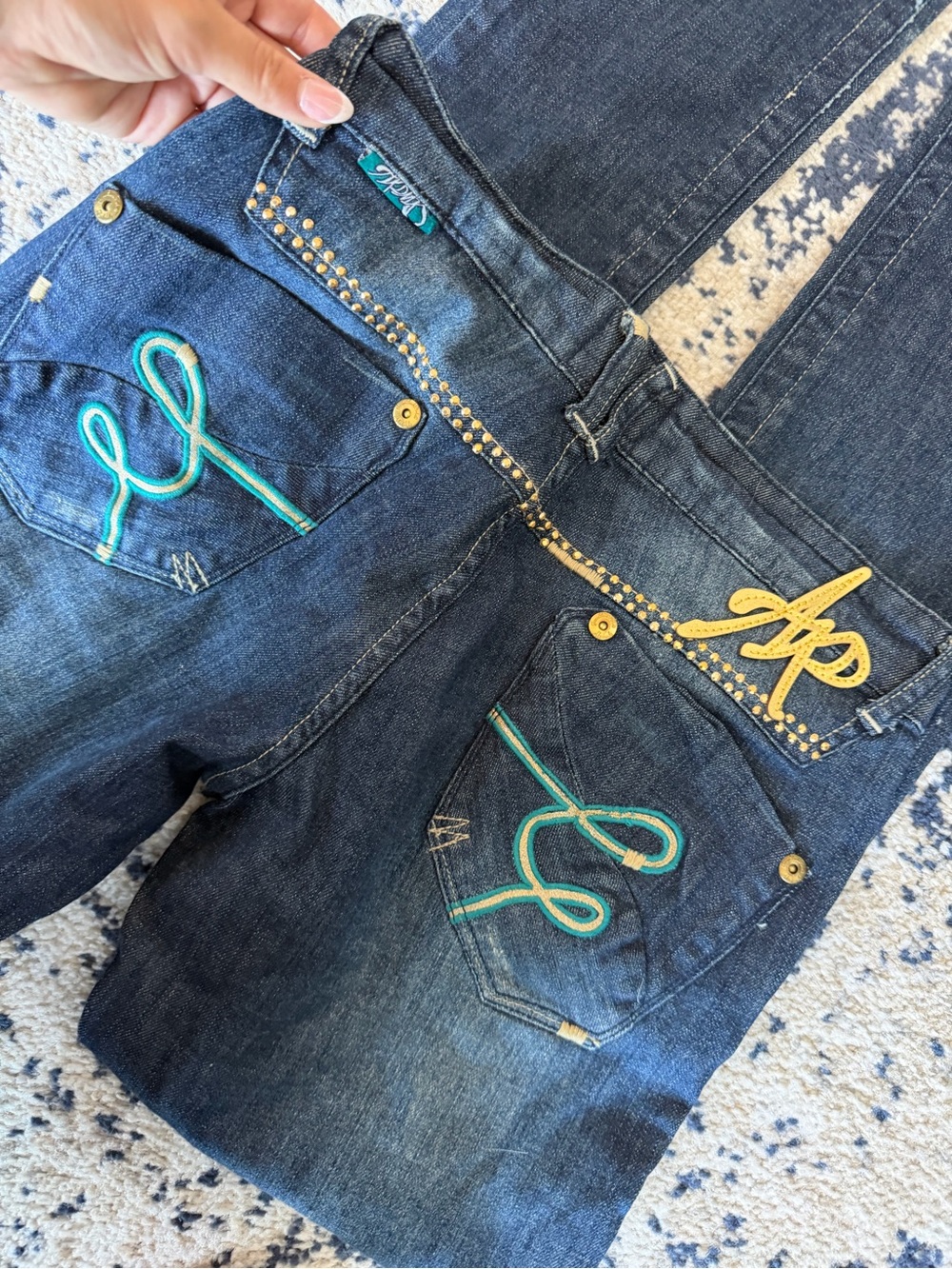 Akademiks Women’s Dark Blue Slim Straight Jeans with Teal Embroidery